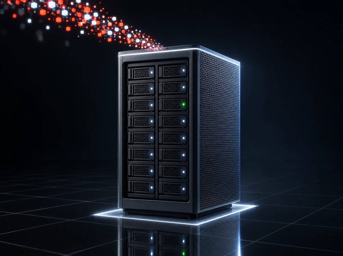 A storage array with sixteen drive sleds taking in a stream of white and vermilion data blocks